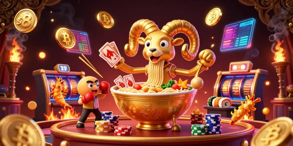 Engage in thrilling games at s8 with a vibrant illustration showcasing a golden ramen bowl dealer and crypto elements.