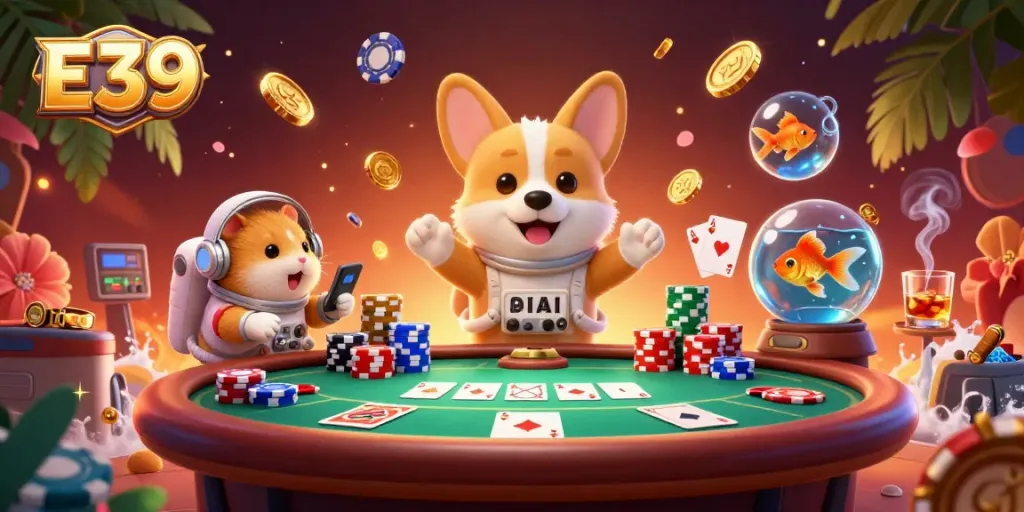 E39 casino scene with a corgi astronaut, poker chips, and vibrant cosmic elements.