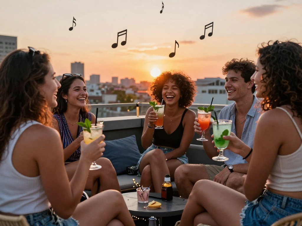 Friends enjoying rokok88 drinks at a vibrant rooftop party during sunset.