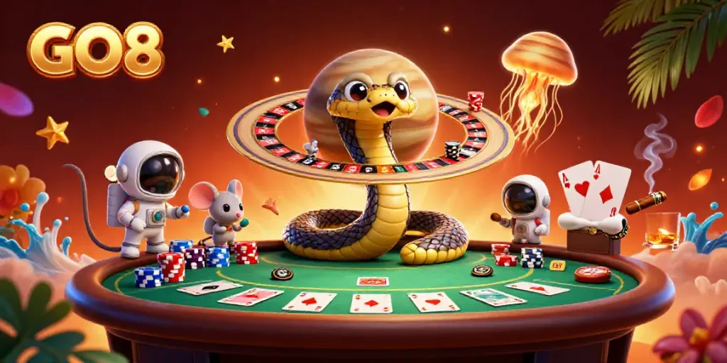 Engaging GO8 casino scene with adorable astronaut mice betting on a cosmic roulette wheel, vibrant colors.