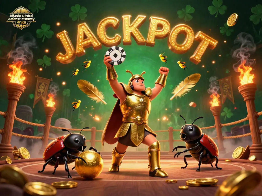 Atlanta criminal defense attorney drugs illustrated in a vibrant 3D casino scene showcasing a victory celebration with animated characters.