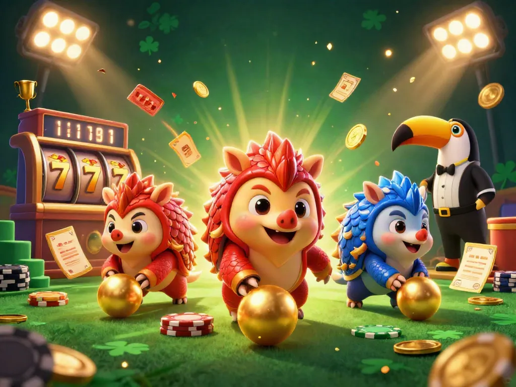IWIN pangolins compete with golden balls, poker chips, and slot reels in a vibrant casino scene.