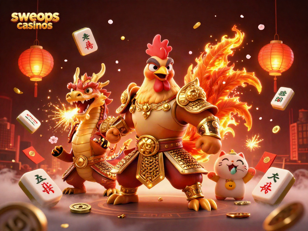 Experience the excitement of sweeps casinos with a battling rooster and dragon celebrating wins!