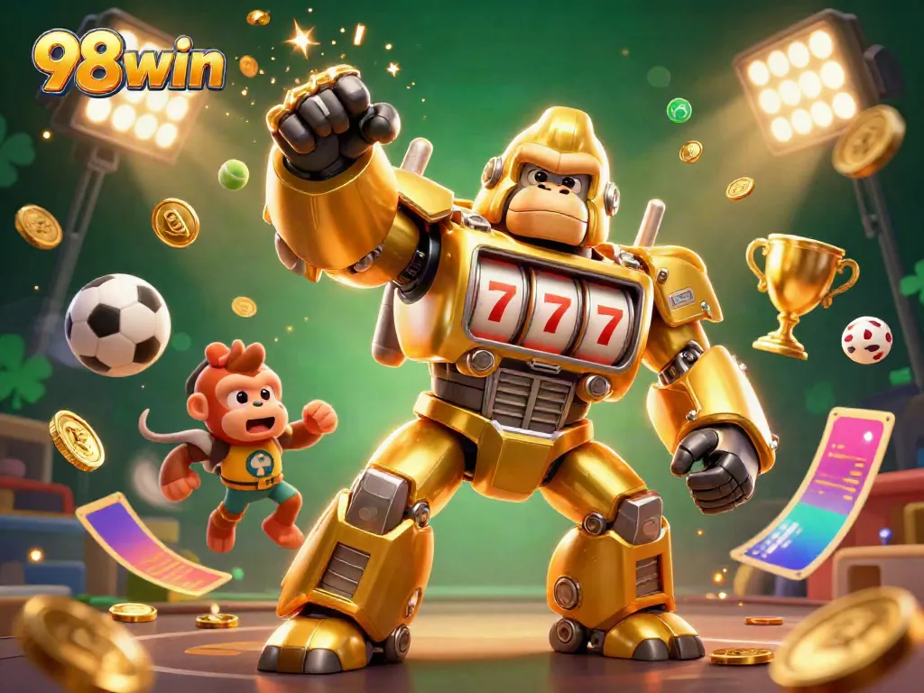 Experience thrilling wins at 98win with a vibrant 3D illustration of a transformer-style gorilla mech surrounded by casino elements.
