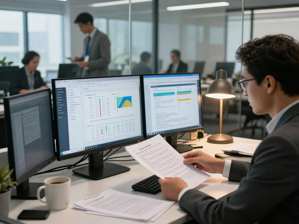 Document fraud detection analysis in a professional office environment with a compliance officer reviewing digital documents and fraud alerts.