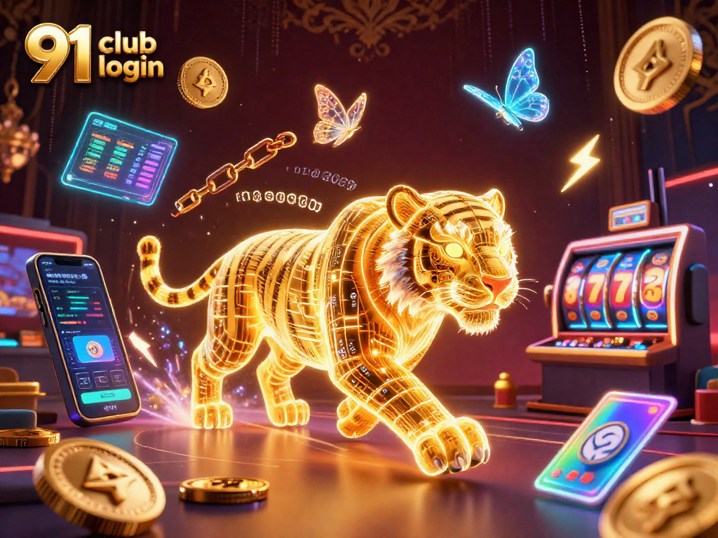 Experience thrilling gaming action with 91 club login, spinning slot reels and vibrant crypto elements.