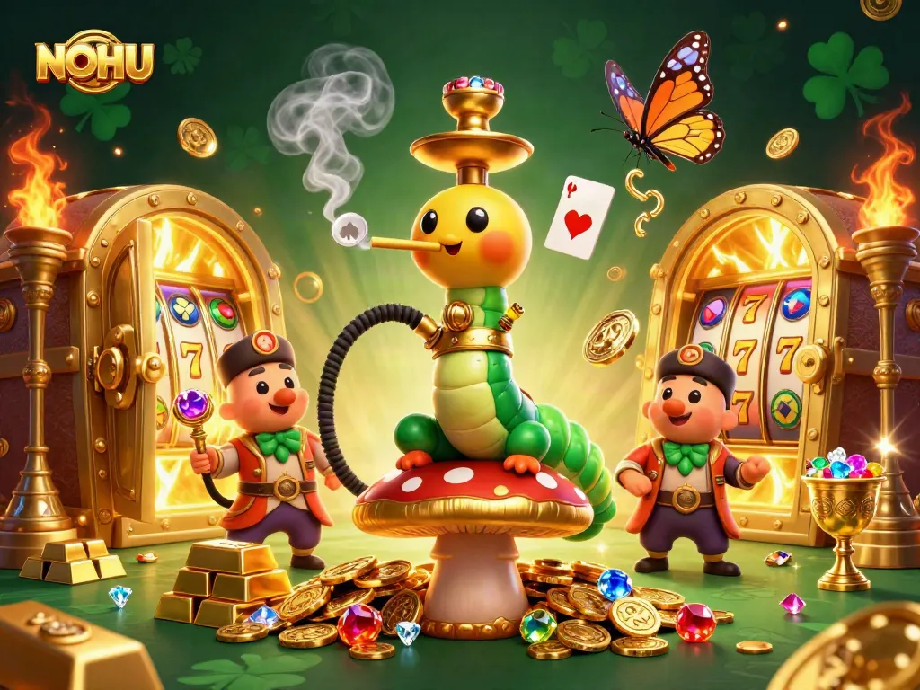 NOHU offers a thrilling experience with a colorful 3D illustration featuring poker-themed characters and vibrant casino elements.