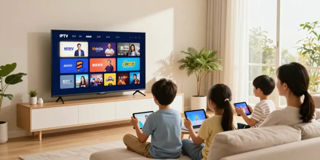 Family using IPTV usa guide in a cozy living room, enjoying entertainment together.