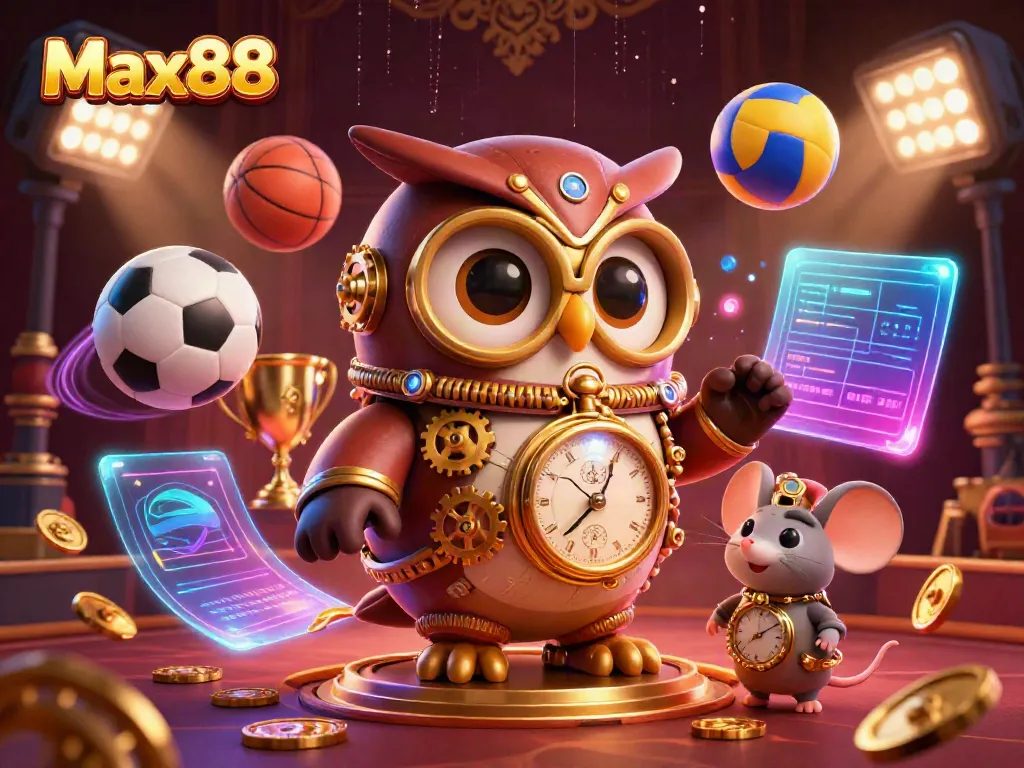Engage in thrilling betting experiences at Max88 with our vibrant casino scene marked by dynamic sports elements and steampunk characters.