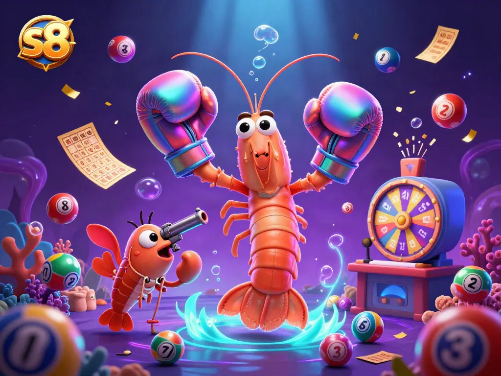 s8 players enjoy a vibrant casino scene with colorful lottery elements and animated characters.
