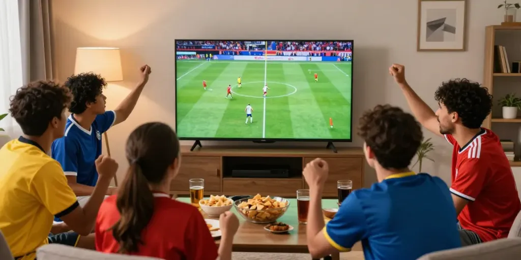 CakhiaTV viewers enjoying a live football match in a cozy home environment.