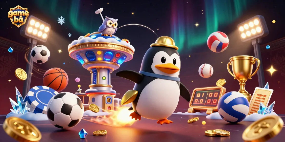 Engage in electrifying game bài action with the dynamic golden penguin and vibrant sports elements.