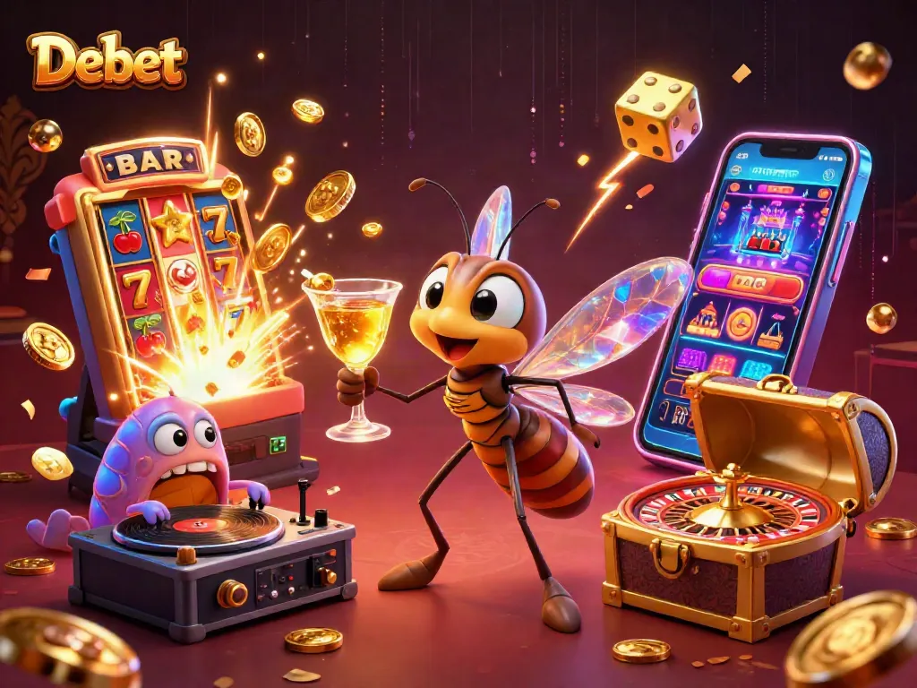 Experience the excitement of Debet with a vibrant 3D illustration featuring a lively casino scene.