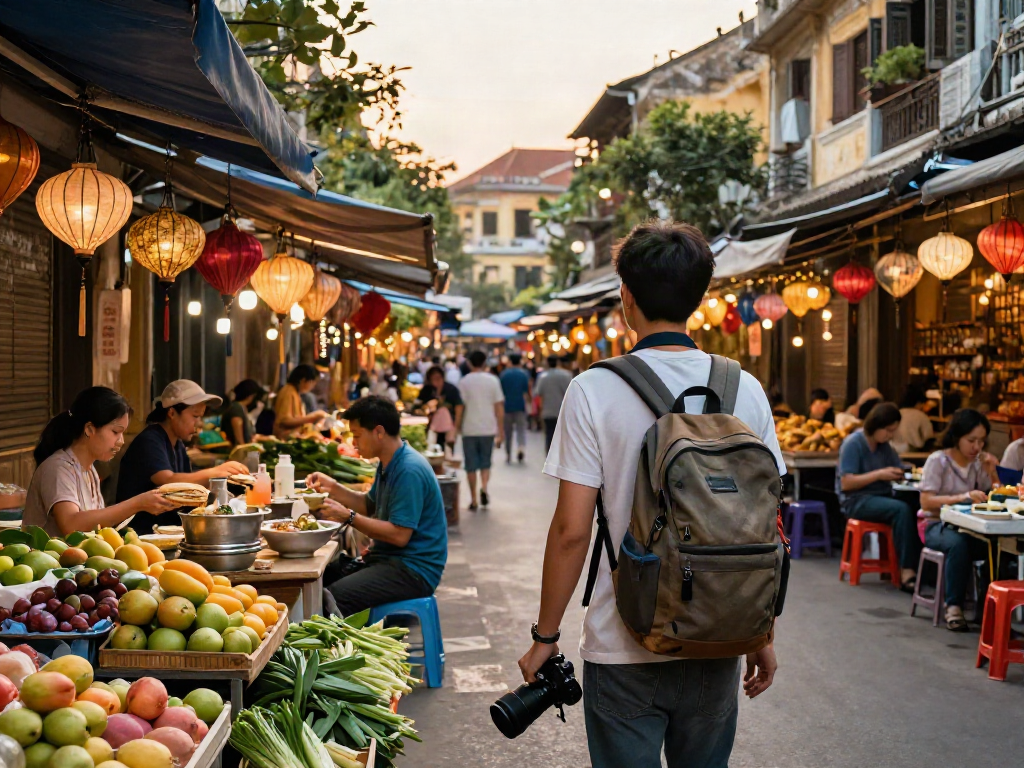 Vibrant Vietnamese street market scene showcasing https://joeyvisavietnam.com/ with local foods and culture.
