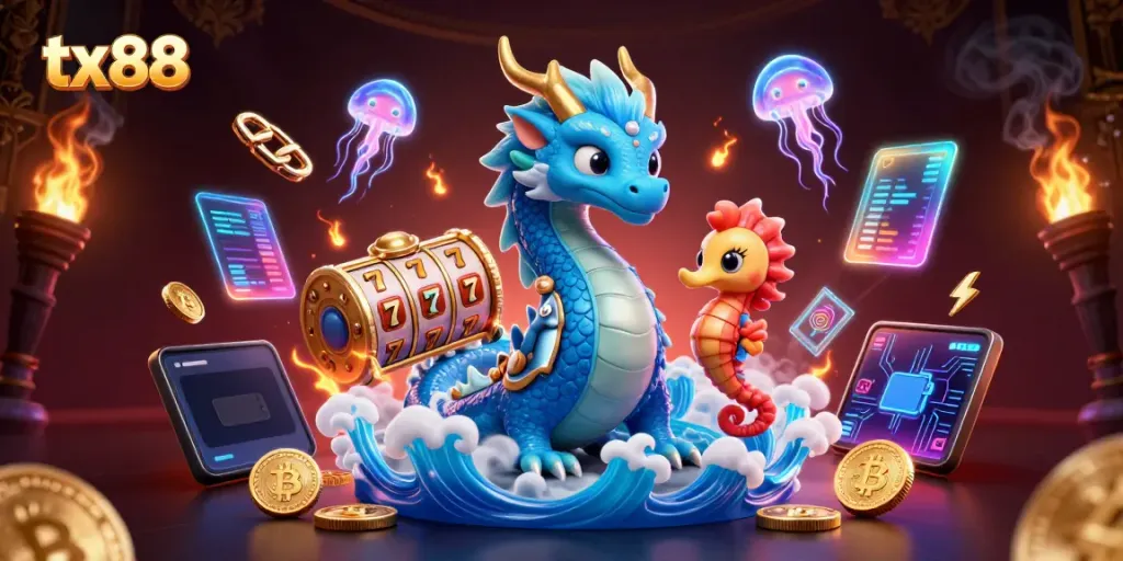 Engage in gaming with tx88's vibrant 3D casino dragon scene, showcasing thrilling jackpots.