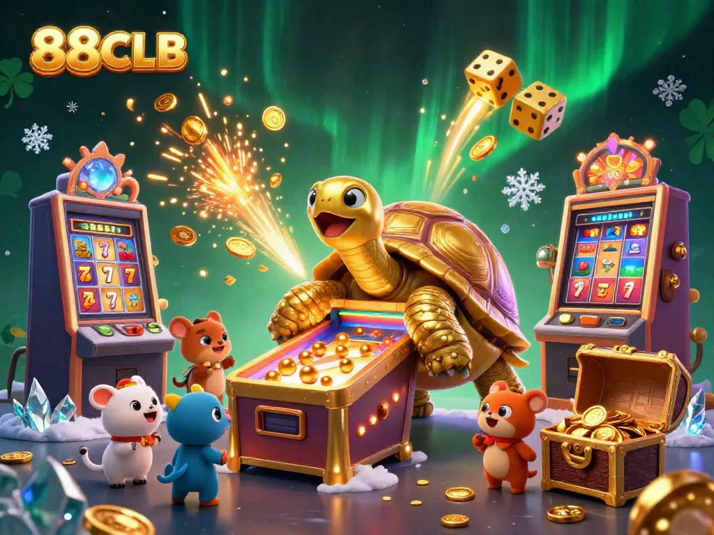 Experience the thrilling ambiance of 88CLB with a lively pinball tortoise amidst a jackpot explosion of slots and treasures.