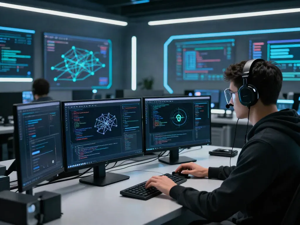 Penetration test demonstration in a modern cybersecurity workspace with advanced software tools and real-time simulations.