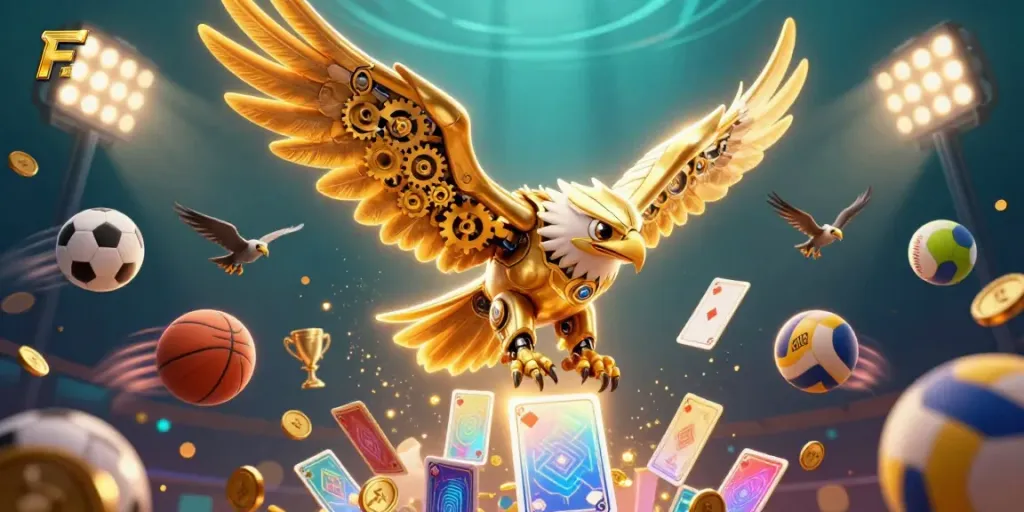 Experience thrilling action at FABET with a cybernetic eagle amidst holographic cards and sports elements.