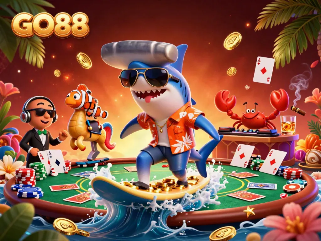 GO88 showcases a shark surfing on gold coins surrounded by poker elements, conveying excitement.