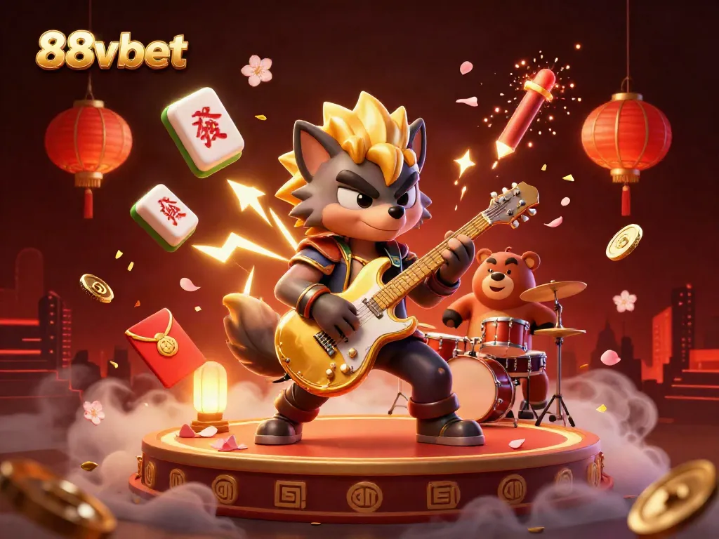 Experience the thrilling atmosphere at 88vbet with dynamic casino action featuring a rock star wolf and vibrant game elements.