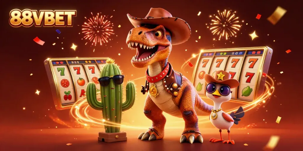 Experience the vibrant world of 88VBET featuring a T-Rex cowboy amidst colorful slot game elements.