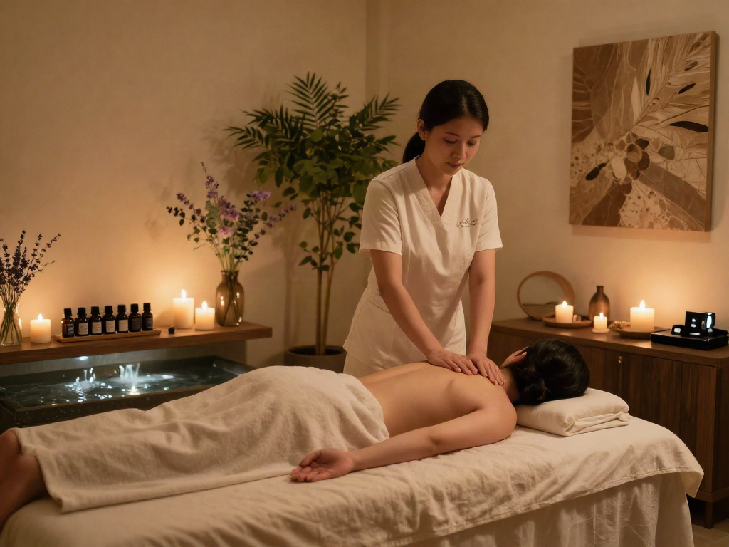 Relaxing 화성출장마사지 experience in tranquil spa setting with candles and soothing elements.