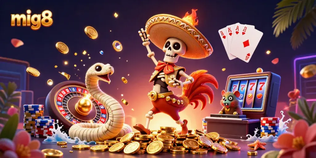 Cascading coins and action-filled characters celebrate gambling success at mig8 online casino.