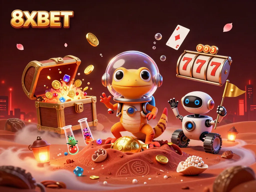 Experience excitement at 8XBET's golden casino on Mars featuring a retro space gecko and treasure.