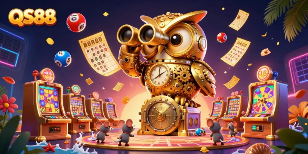 Experience the excitement of QS88 with a lively casino scene featuring a golden owl and dynamic game elements.