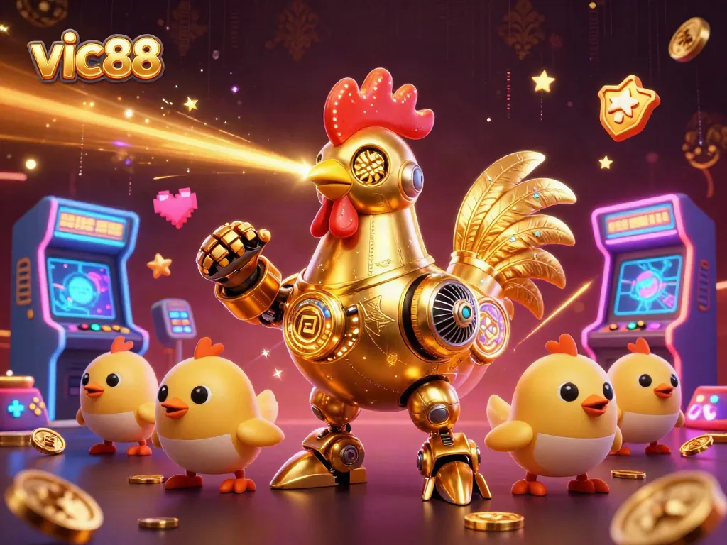 Engage with vic88 through a vibrant scene of a golden rooster robot and baby chick drones playing casino games.