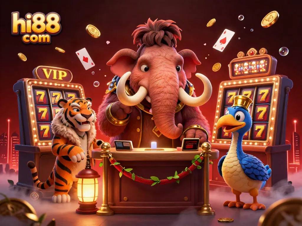 Experience excitement with hi88 com and cartoon characters at a vibrant casino scene full of games.