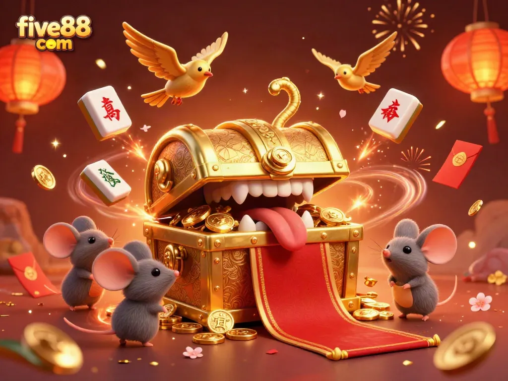 Win big with five88 com in a rich casino scene featuring treasure chests, lucky symbols, and vibrant colors
