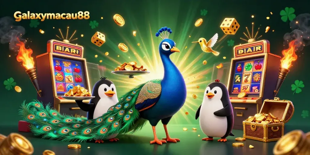 Experience the excitement of galaxymacau88 with a vibrant casino scene featuring a peacock, penguin, and hummingbird.