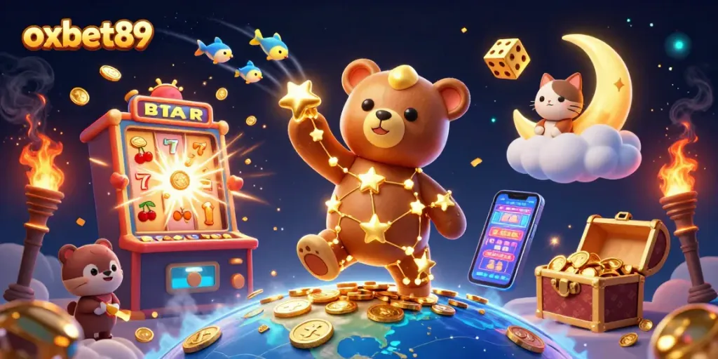 Play exciting games and win big with oxbet89, featuring a vibrant casino scene of treasures and jackpots.