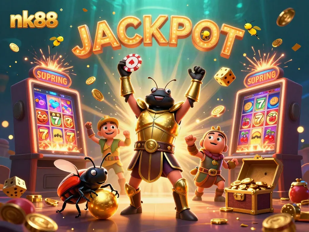 Experience the thrill of nk88 with a vibrant scene featuring a victorious beetle and jackpot elements.