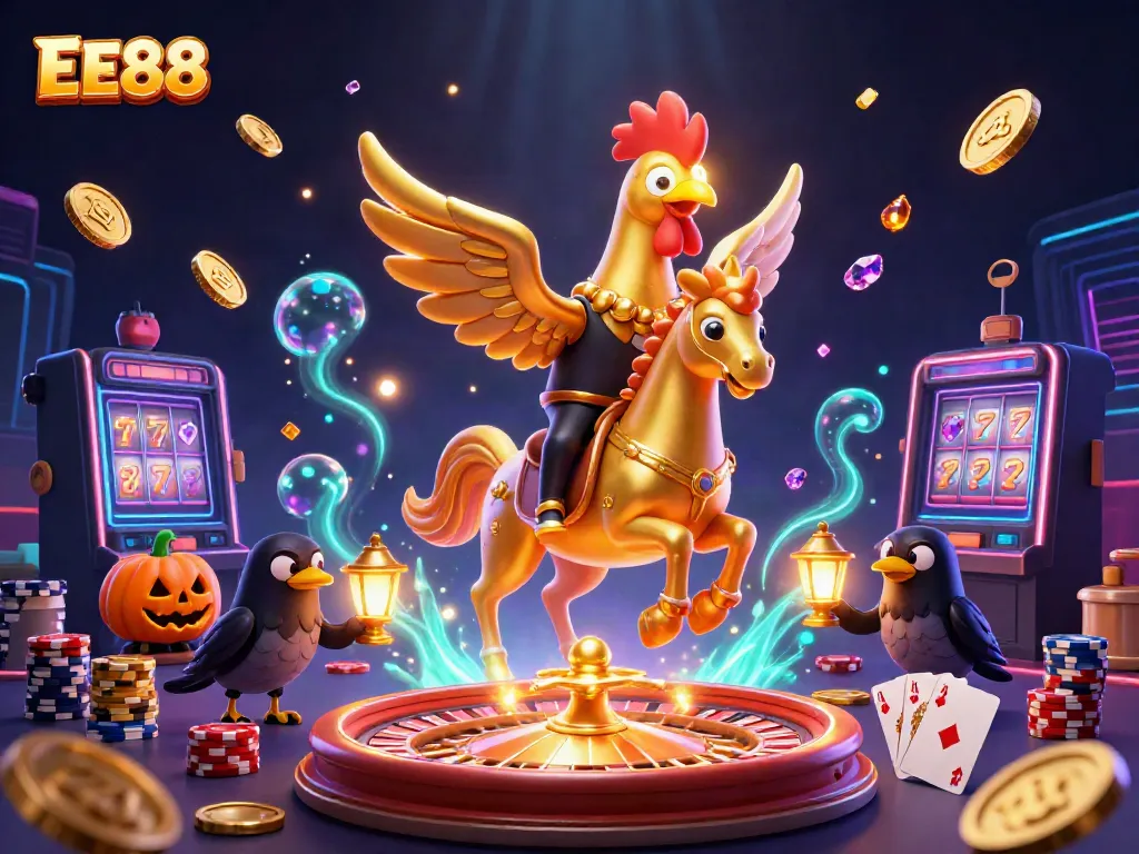 Explore thrilling games at EE88 with a vibrant casino scene including golden characters and rich gameplay elements.