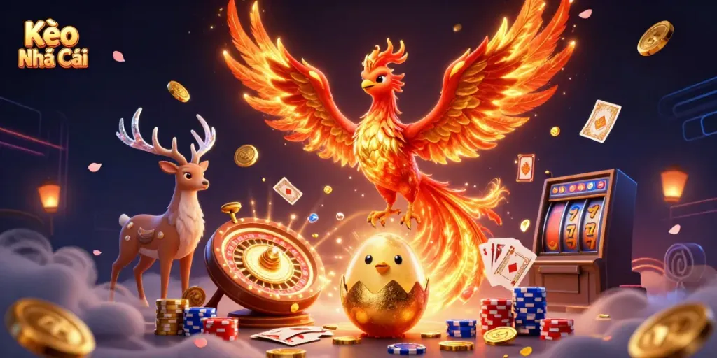 Experience Kèo Nhà Cái with a vibrant phoenix scene, golden coins, and casino elements