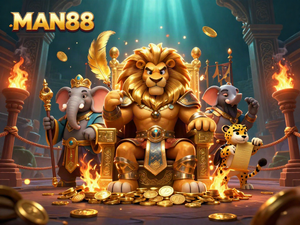Engage with thrilling entertainment at MAN88 featuring a lion king, elephant adviser, and cheetah messenger.