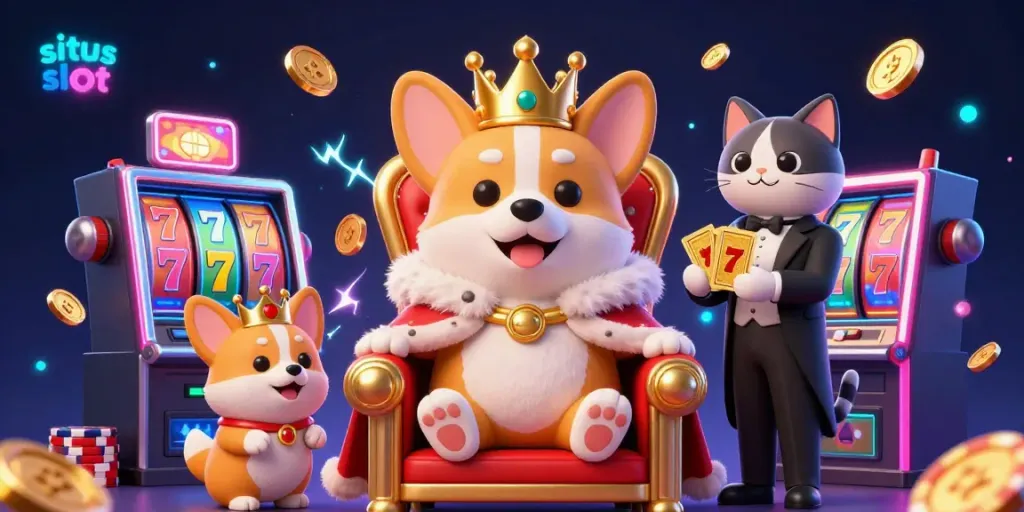 Experience thrilling gameplay with situs slot featuring a royal corgi and slot machine elements in a vibrant 3D scene.