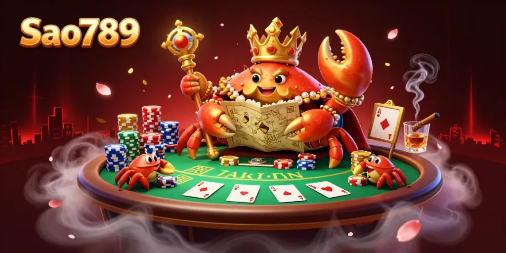 Sao789 showcases a golden crab emperor amidst a vivid poker-themed scene filled with colorful chips and cards.
