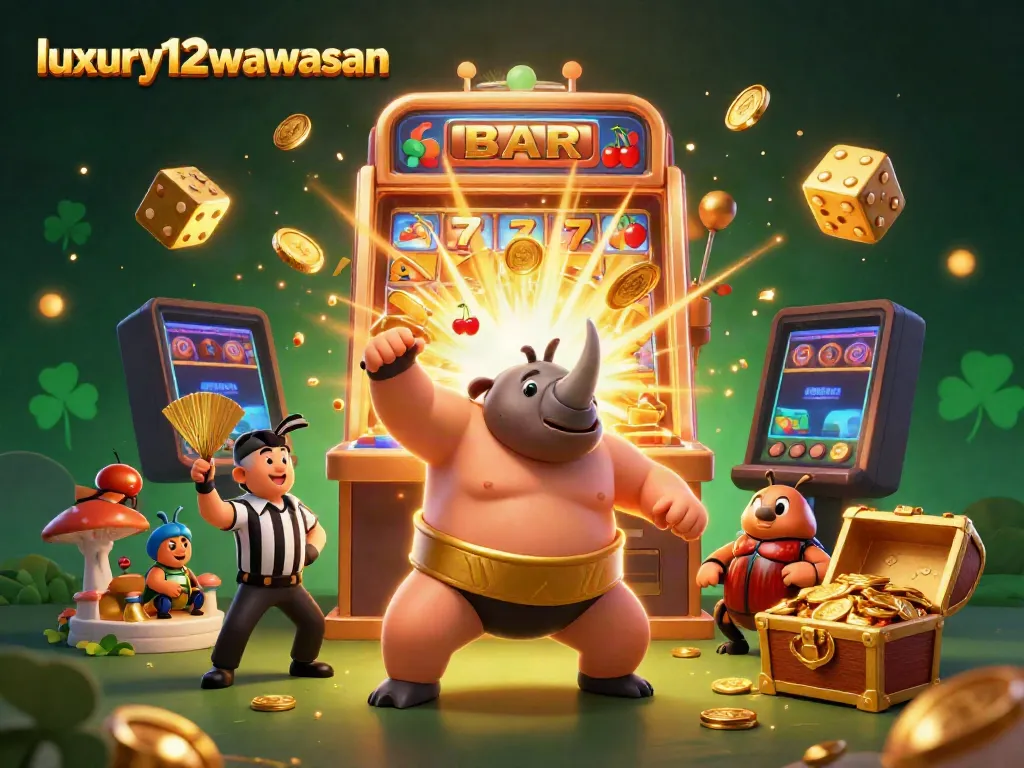 Aksi juara sumo kumbang rhinoceros di luxury12wawasan, dikelilingi mesin slot menyala dan peti harta karun.