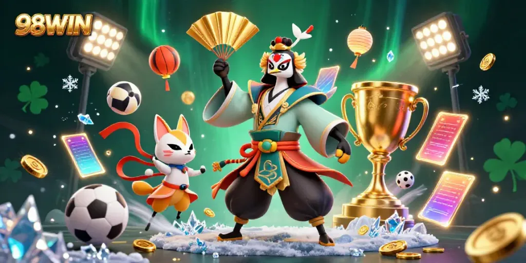 Experience thrilling moments with the kabuki warrior and kitsune at 98WIN's vibrant sports betting scene.