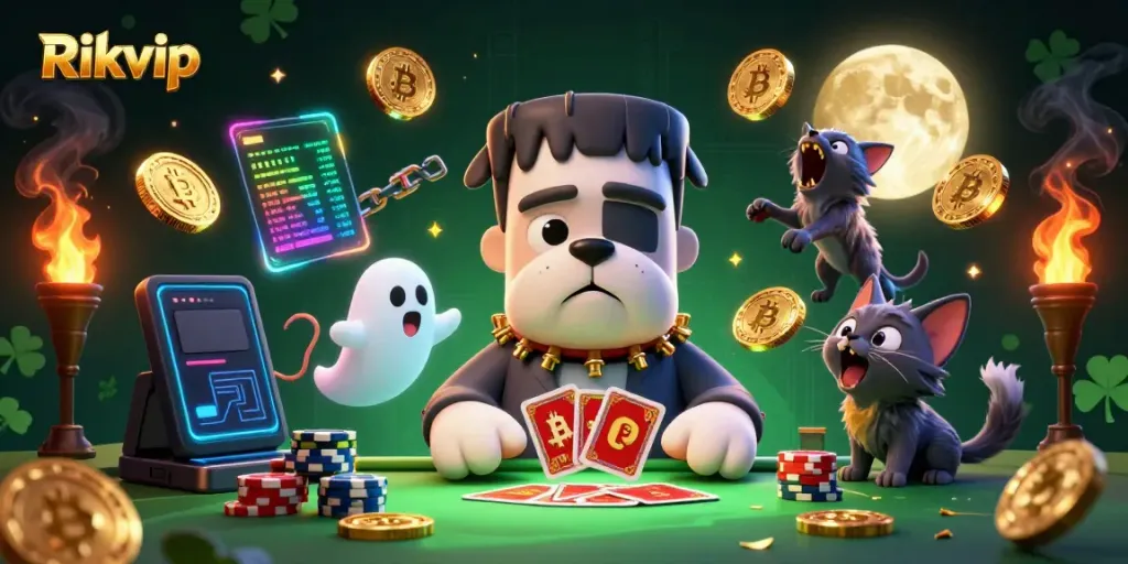 Rikvip promotes intense card games with a lively scene featuring a Frankenstein bulldog dealer and exciting casino elements.