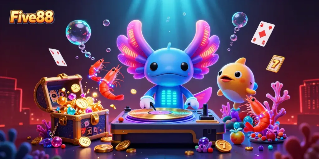 Experience the thrilling atmosphere of Five88 with a neon axolotl DJ and dynamic casino elements.
