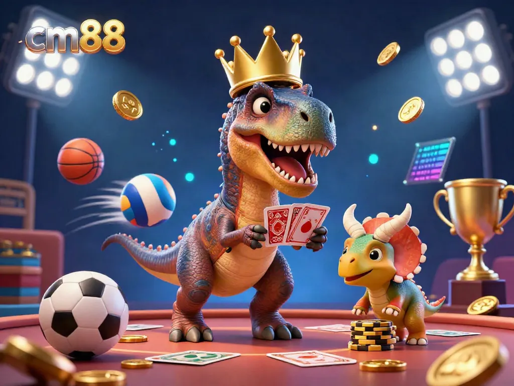 Enjoy exciting gaming with cm88's 3D casino experience featuring a T-Rex, pterodactyl, and triceratops.