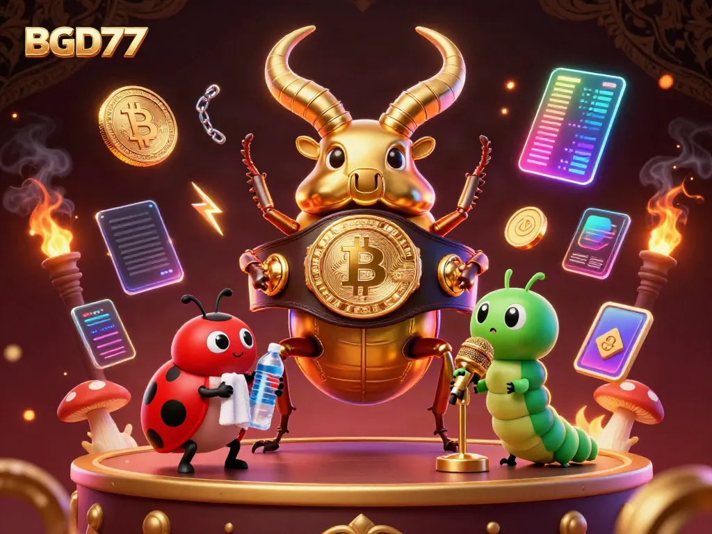 Engage in BGD77 strategies with a vibrant, 3D casino scene showcasing dynamic characters and crypto elements.