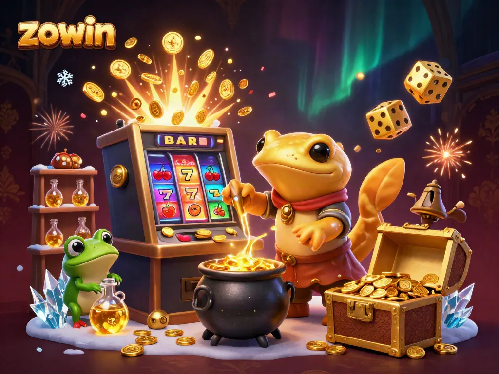 Experience thrilling wins at ZOWIN casino with golden alchemists and vibrant slot machine action.