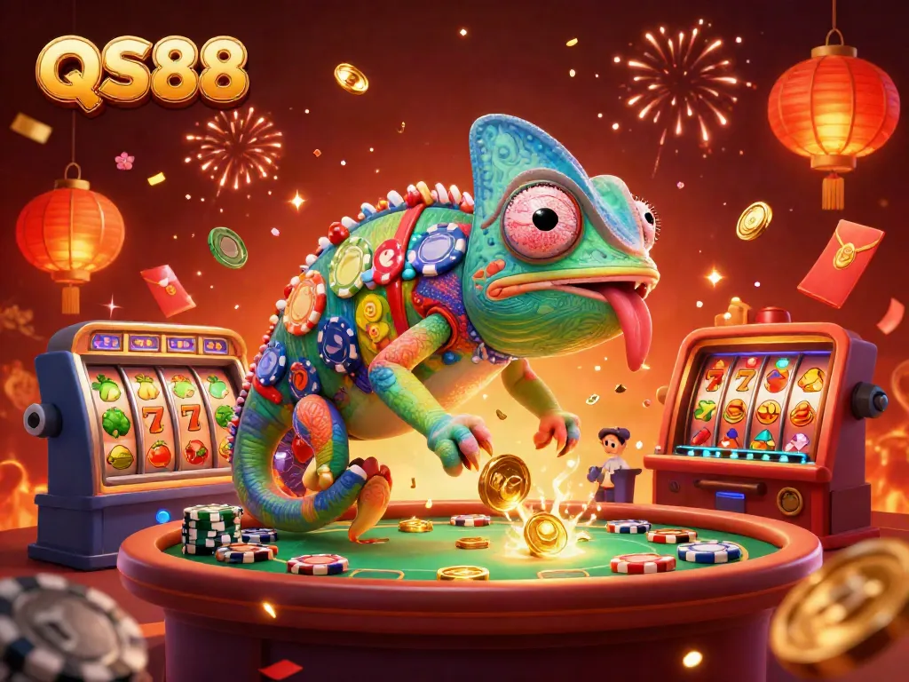 Experience the thrill of QS88 with a vibrant 3D chameleon casino owner amidst dynamic slot machine elements.
