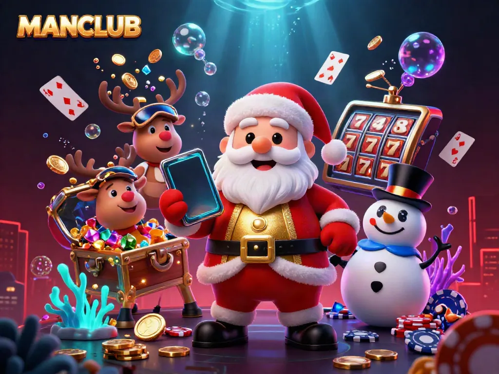 MANCLUB scene showcases Santa winning at slots with vibrant casino elements.