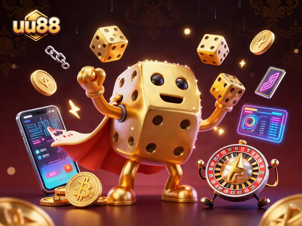 Spin and win big with uu88, a vibrant 3D casino scene featuring golden dice and crypto elements.